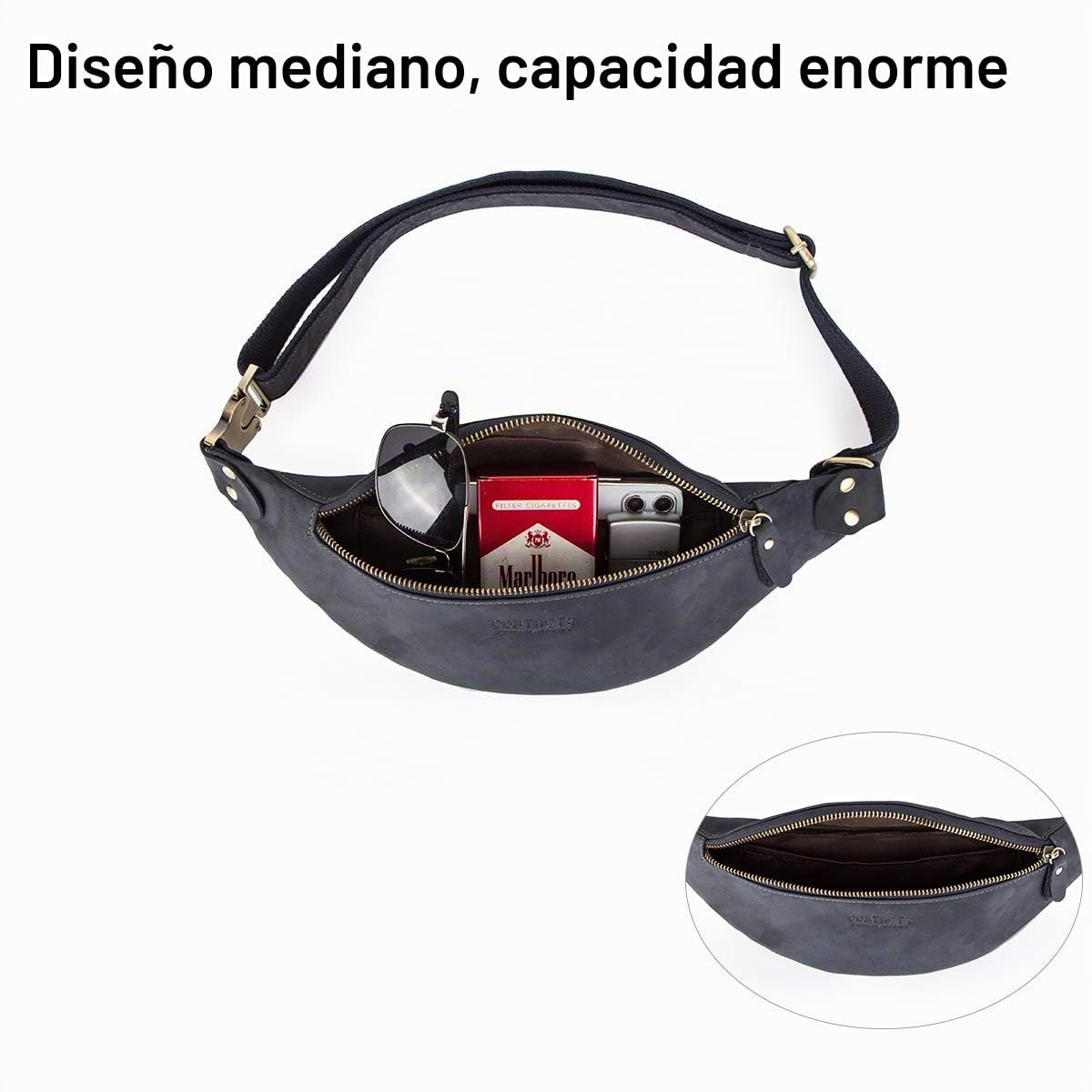 Riñonera de Cuero Genuino para Hombre, Riñonera multifunción con Cremallera, Azul Oscuro, Einheitsgröße, Maleta