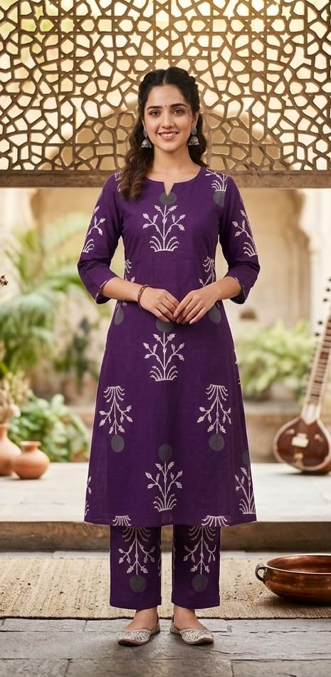 Image of CREATION & YOU Women's Pure Cotton Floral Printed Kurta with Palazzo Pants | Ethnic Set | Kurti Set for Women | Cotton Cord Set for Women