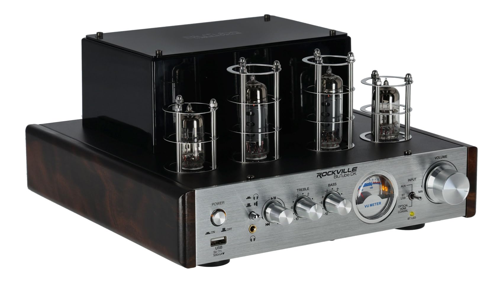 Rockville BluTube DK Audiophile Tube Amplifier with Bluetooth, 35Wx2 RMS @ 4 Ohm, HDMI/Optical/Coaxial Inputs, Sub Output, USB, RCA, VU Meter, Headphone Out