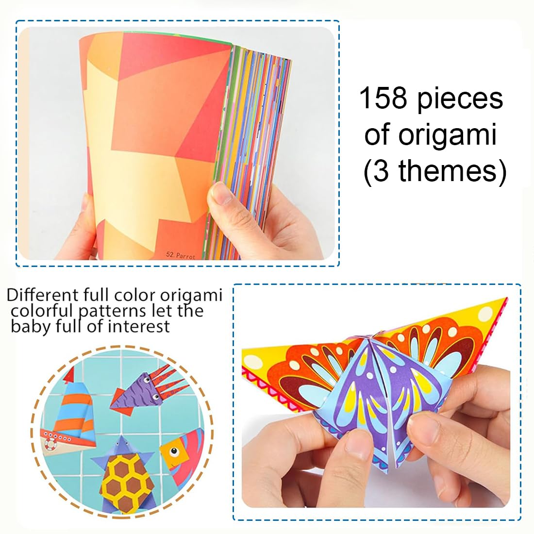 Kit de Origami para Niños 108 Hojas de Papel con 54 Patrones + 50 Papeles de Colores, Libro de Instrucciones, 14x14cm