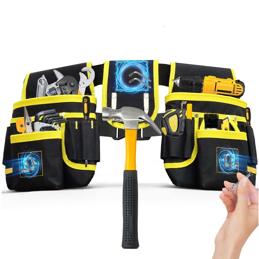 Serplex® Magnetic Tool Pouch Electrician Tool Waist Bag Tool Organizer Bag with Multi Pocket & Metal Hammer Holder, Adjustable Work Belt Pouch for Electrician, Carpenter, Construction