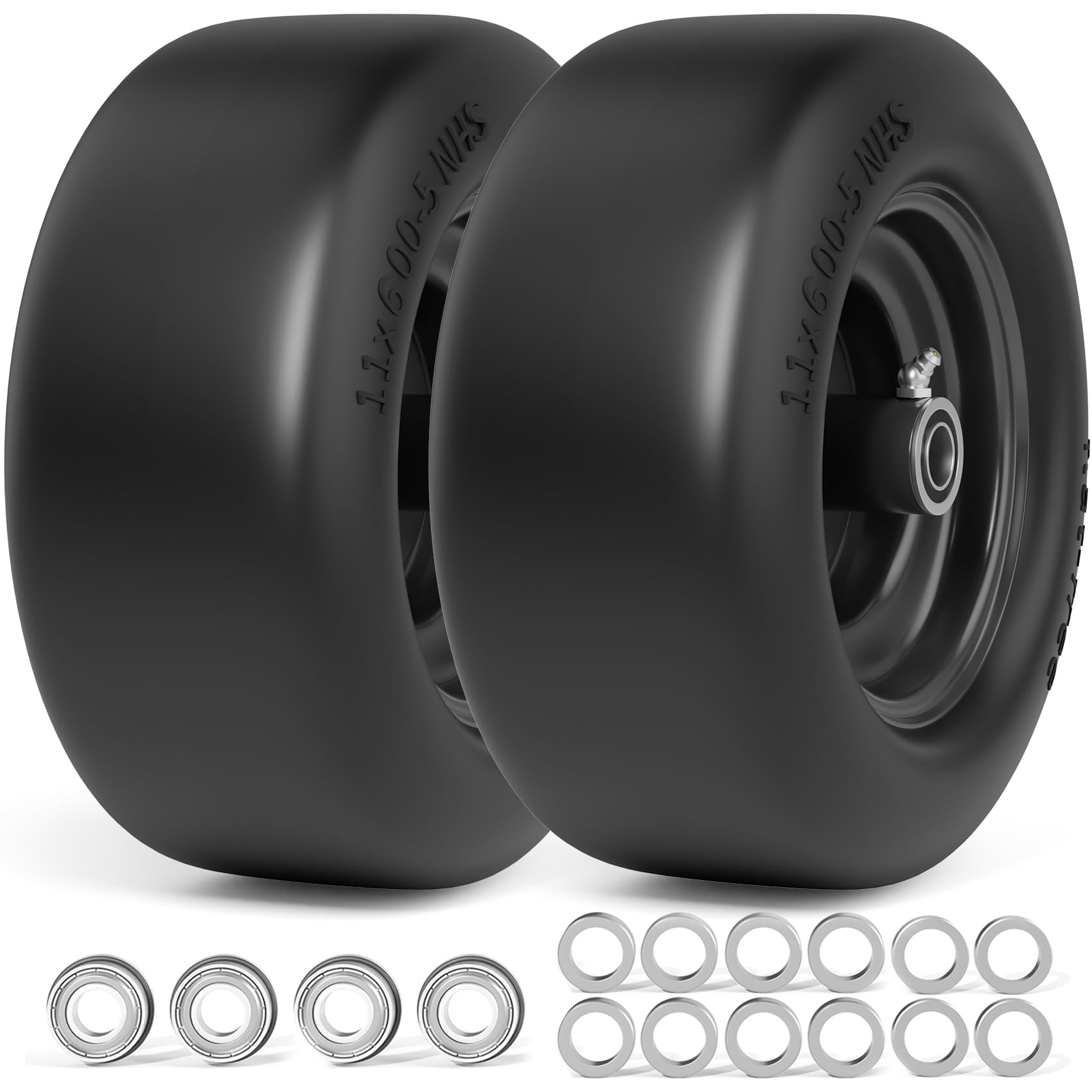 11x6.00-5 Lawn Mower Tires Flat Free, Zero Turn Mower Front Tires, 11x6-5 Solid Mower Wheel for Residential and Commercial, 3/4" and 5/8" Bearing, 6"- 8" Center Hub, 2Pack Black, 400Lbs