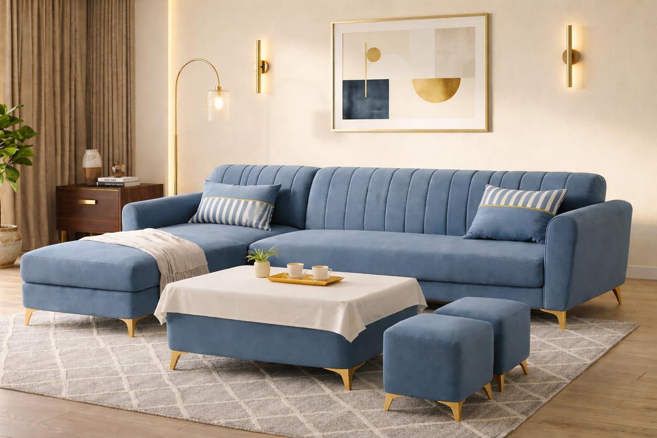 Adorn India Premium Luster 8 Seater L Shape Sofa Set with 2 Puffy & 1 Center Table | Velvet Suede Fabric | 3-Year Warranty | LHS | Grey with Golden Legs & Striped Pattern Cushion