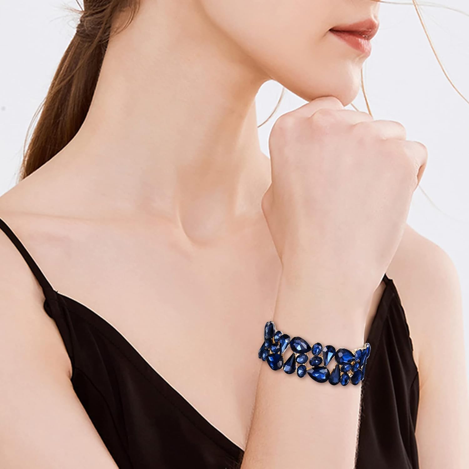 EVER FAITH Women's Art Deco Prom Jewelry Oval Teardrop Crystal Elastic Wedding Bridal Stretch Bracelet for Bride - Image 2