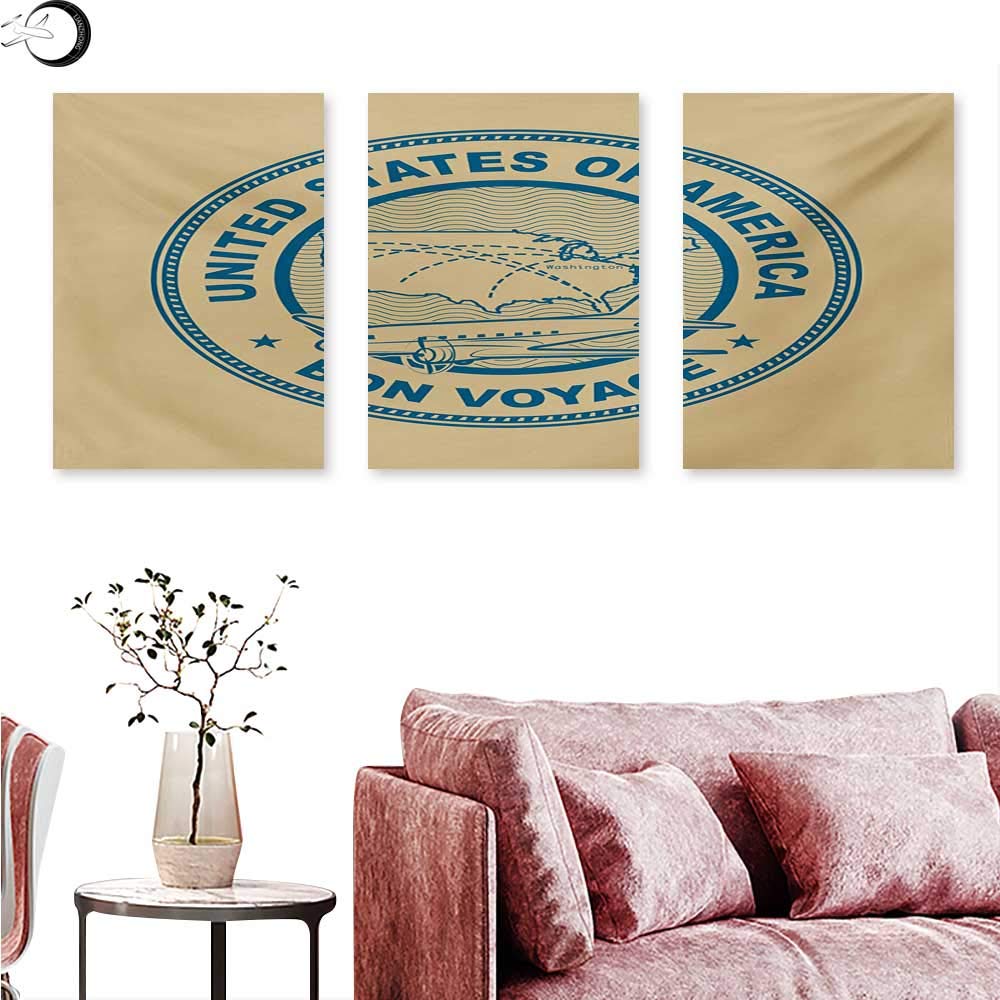 Mannwarehouse Travel Wall Art Oil Paintings United States of America Map with a Plane Silhouette Holiday Themed Stamp Design Wall Panel Art Tan and Blue W 16" x L 32" x3pcs