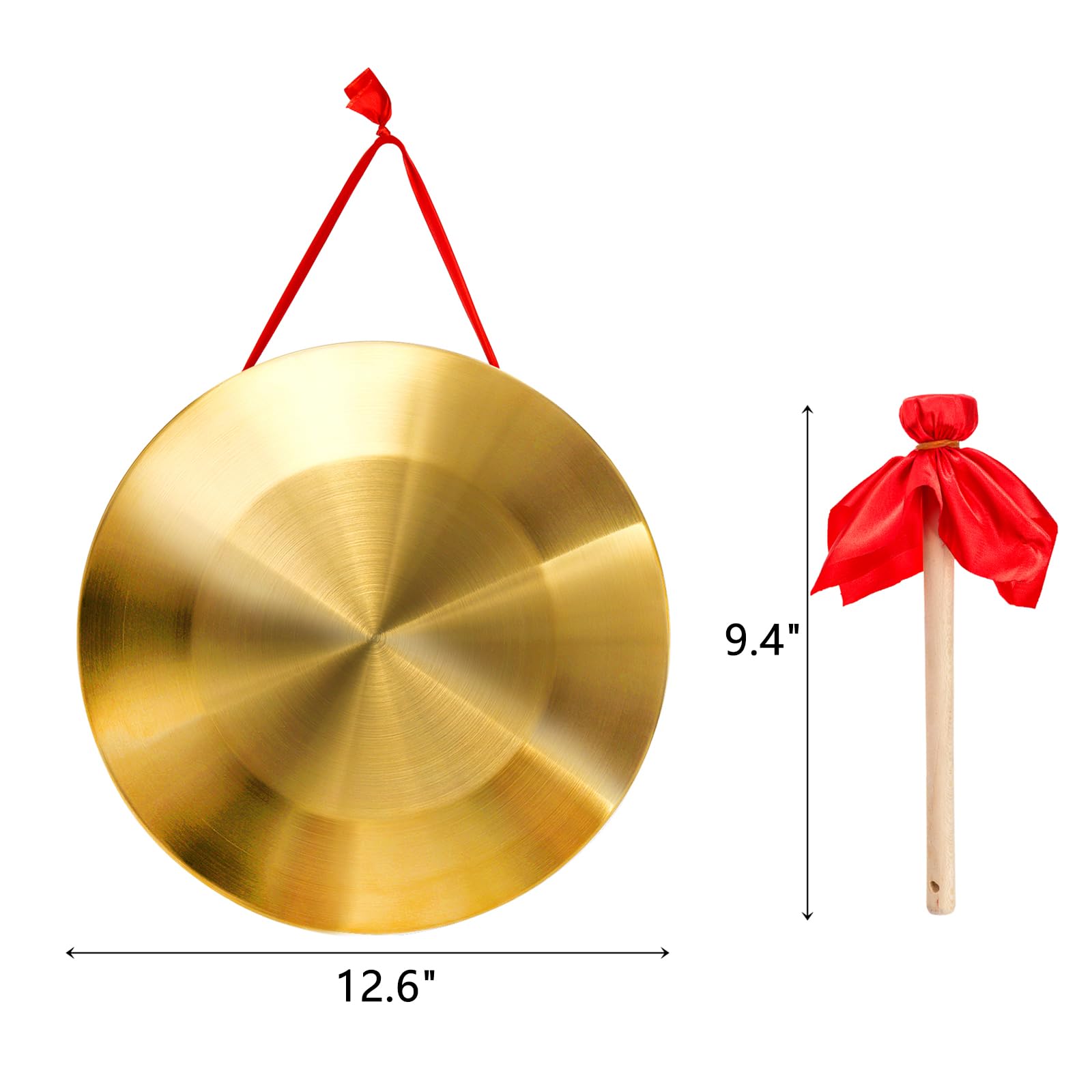 unitedessentialgoods 12.6 inch Gong Instrument, Chinese Traditional Percussion Instrument Copper Gong with Beater and Red Hanging Ribbon for Celebration, Party, Festivals 2