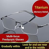 Vista 2 de LJIMI - Lentes de lectura presbípicos multienfoque progresivos, bloqueo de luz azul, medio marco, aleación de titanio, sin línea, multifocal