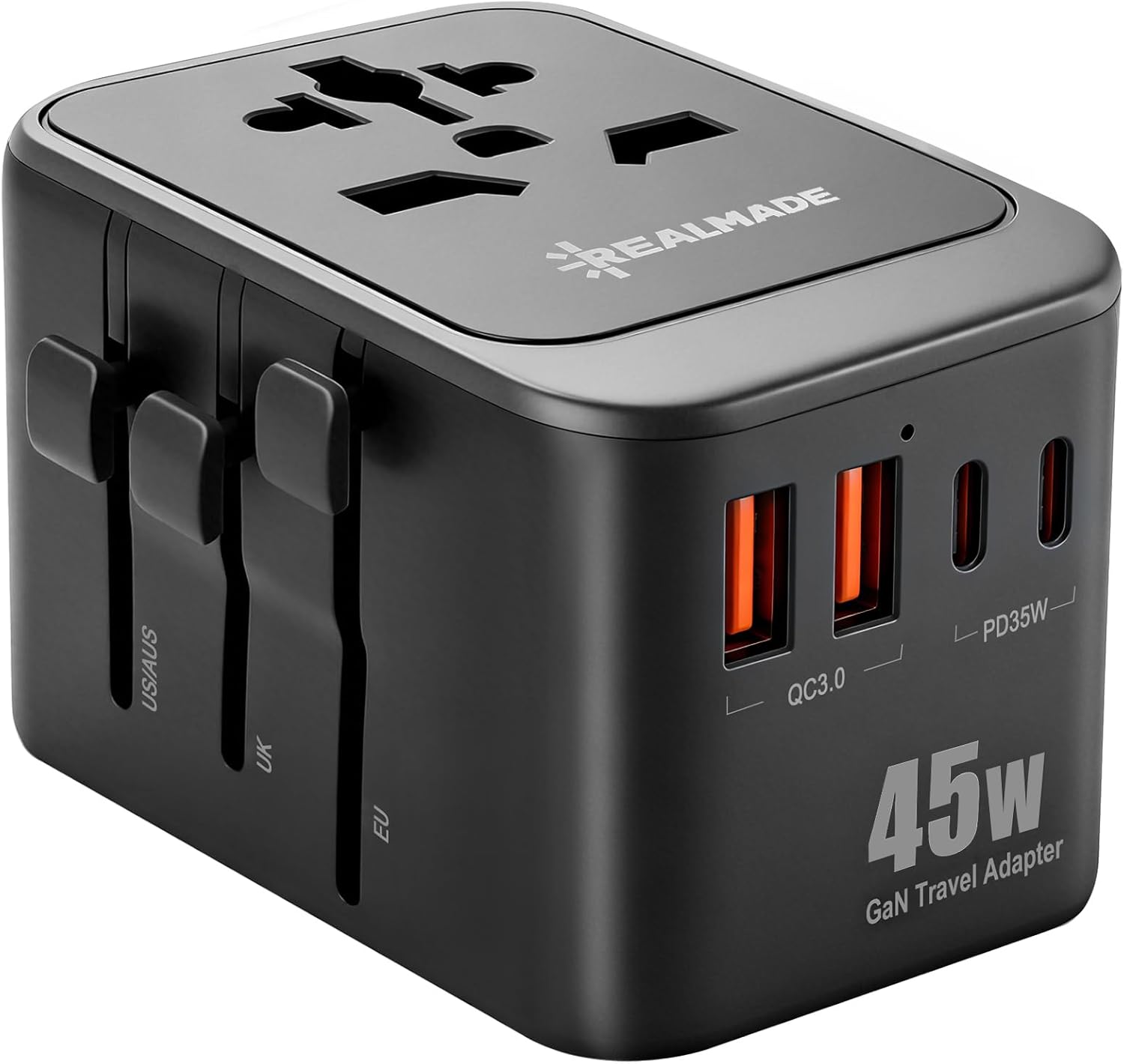 Realmade 45W Universal Travel Adapter with PD Fast Charging，lnternational Power Adapter 5-Port (1 AC/2 USB-A/2 USB-C) European Travel Plug Adapter, Travel Essentials (Black Gray)