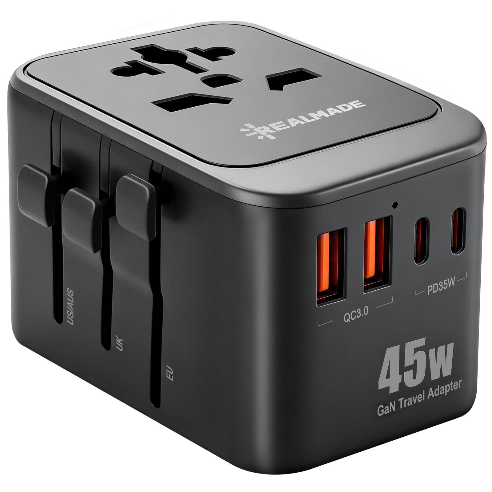 RealMade Reiseadapter weltweit, 45W PD, 2 USB-C + 2 USB-A | Steckdosenadapter für USA UK EU Australien Japan, Reisestecker Adapter weltweit für Handy Laptop Tablet Schwarz und Grau