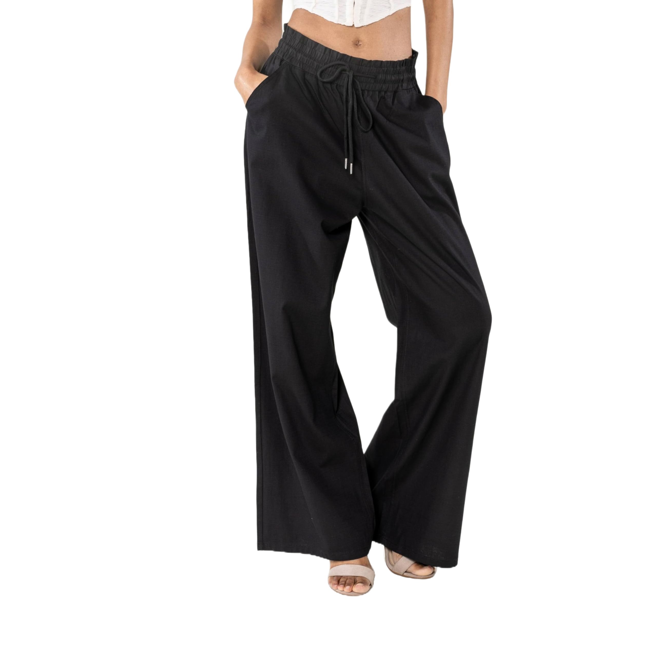 Nina Carter A001 Pantalon d'été léger et large pour femme en mélange de coton stretch, taille élastique, aéré et respirant, coupe ample, aspect lin