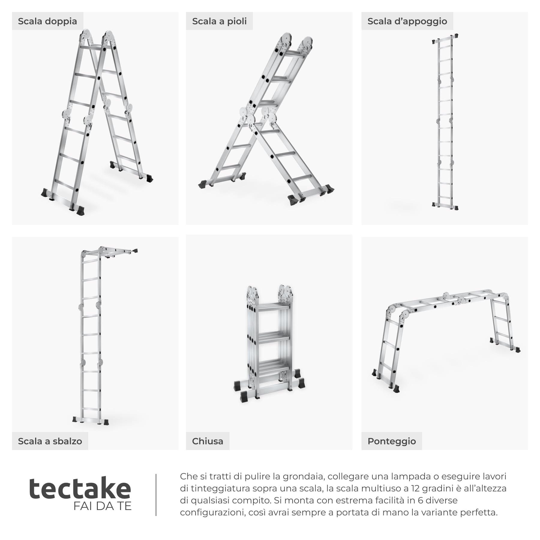 tectake® Scala Alluminio Multiuso 12 Gradini, 352 cm, 6 in 1, Antiscivolo, Scala Telescopica in Alluminio e Acciaio Pieghevole, a Pioli, a Gradini, Ponteggio di Lavoro, Mini Trabbattello, Max 150 KG