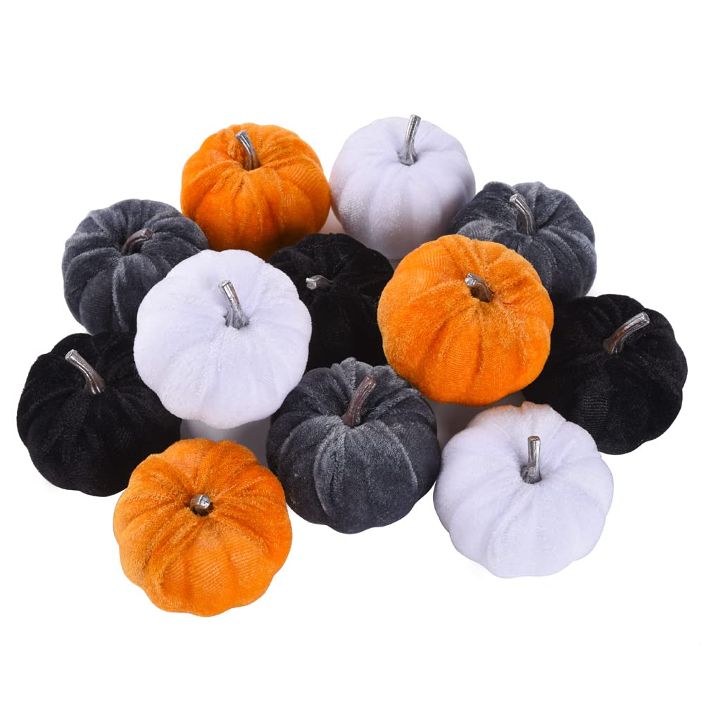 12 Pieces Velveteen Fabric Pumpkin Decor Artificial Pumpkins Set for Fall Harvest Festival, Thanksgiving or Halloween Decor（Black,White,Gray,Brown）
