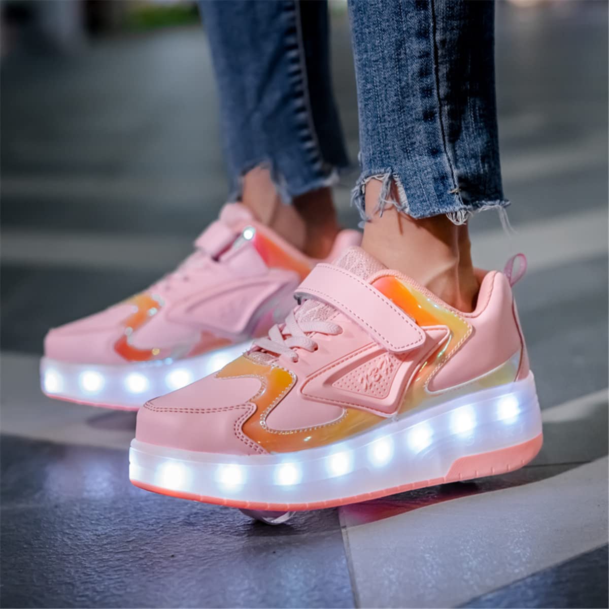Wrotki LED/buty, wrotki LED, dla unisex dzieci chłopców dziewczyn, 7 kolorów, chowane podwójne kółka, lekkie, niskie, na zewnątrz, sportowe, buty z oświetleniem LED, gimnastyczne, do biegania, trampki