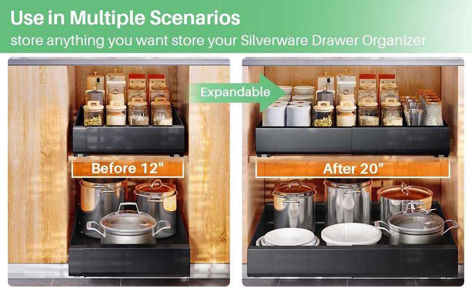 Image showing the expandable feature of the pull-out organizer, demonstrating how its width can be adjusted from 12 inches to 20 inches to fit different cabinet spaces.