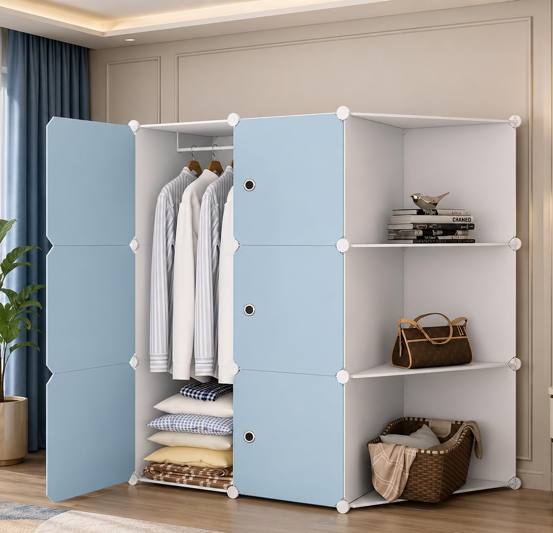 Mevigo Plastic Wardrobe for Kids and Baby-Cupboard for Clothes, Almirah for Clothes, Baby Collapsible Wardrobe, Multi-Purpose Kids Storage Rack for Home Books,Toy,Living Room (Blue-HE2, 4+3- Door)