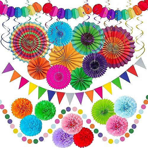 Image of Fiesta Party Decorations Set 33Pcs, Multi-Color Cinco De Mayo Hanging Paper Fans, Paper Pom Poms, Pennant, Garland String and Banner for Fiesta, Cinco de Mayo, Birthday, Wedding or Mexican Party