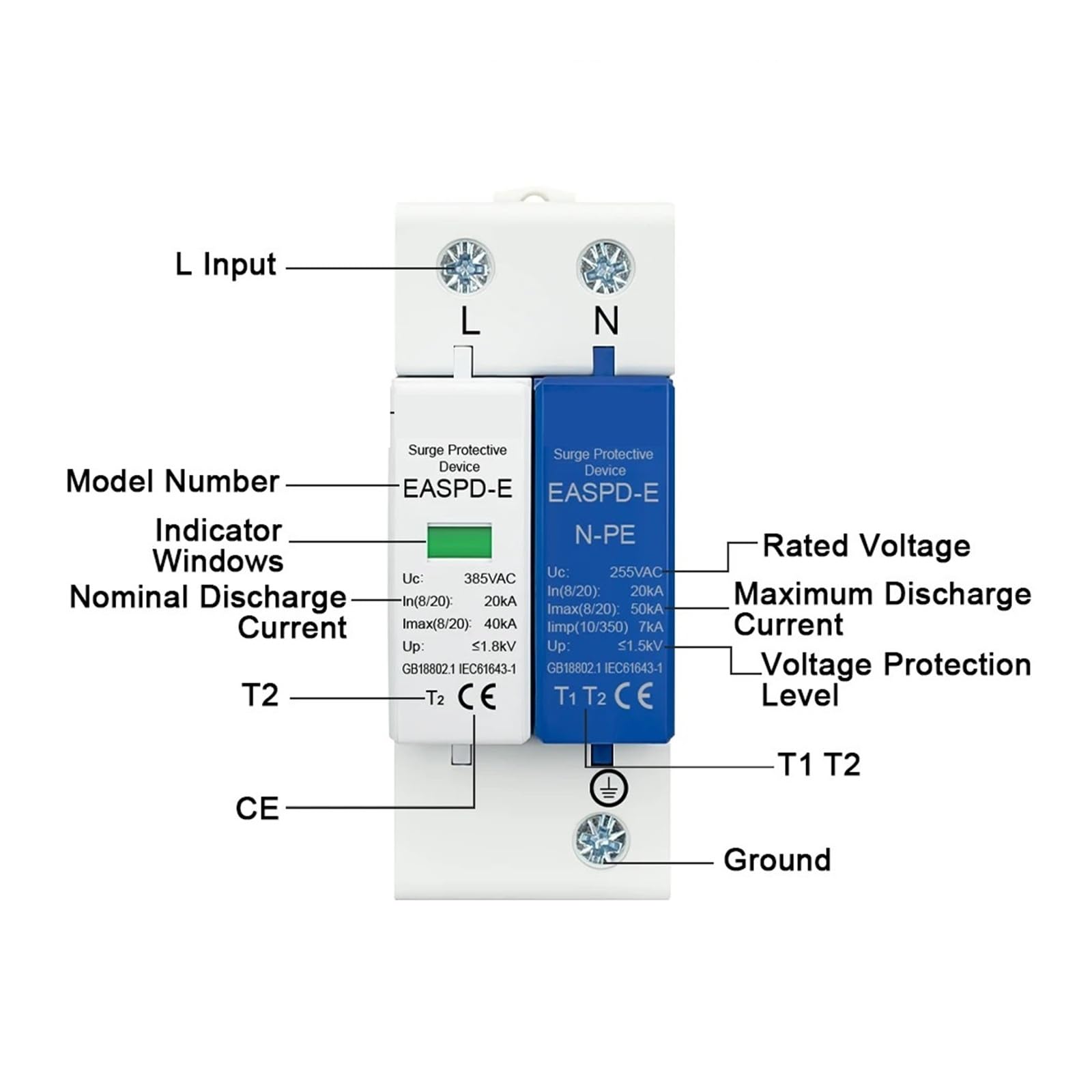 AC SPD 1P+NPE 3P+NPE 50KA T1 T2 385V 275V House Lightning Surge Protector Protective Low-Voltage Arrester Device Din Rail(4P,AC 385V)