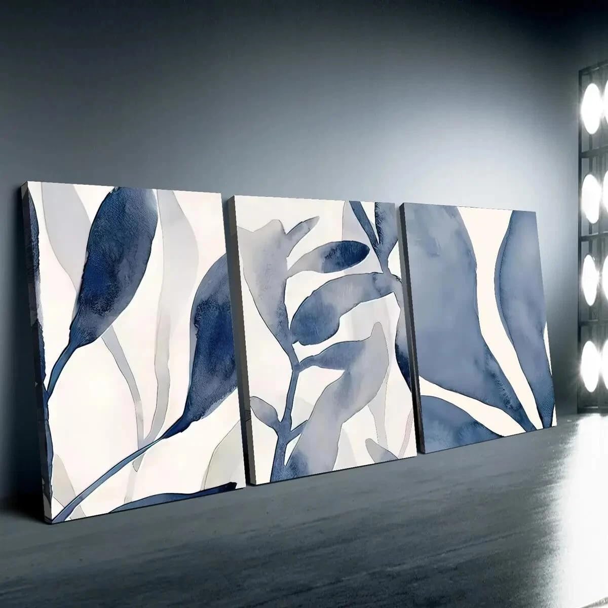awtrhfc 3pcs Simple Blue White Grey Abstract Painting Wall Art Canvas for Living Room Home Decor(40x60cm(16x24in) x3/No frame)