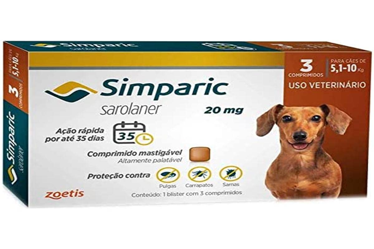 Caixa do antipulgas Simparic 20mg com 3 comprimidos para cães de 5 a 10kg