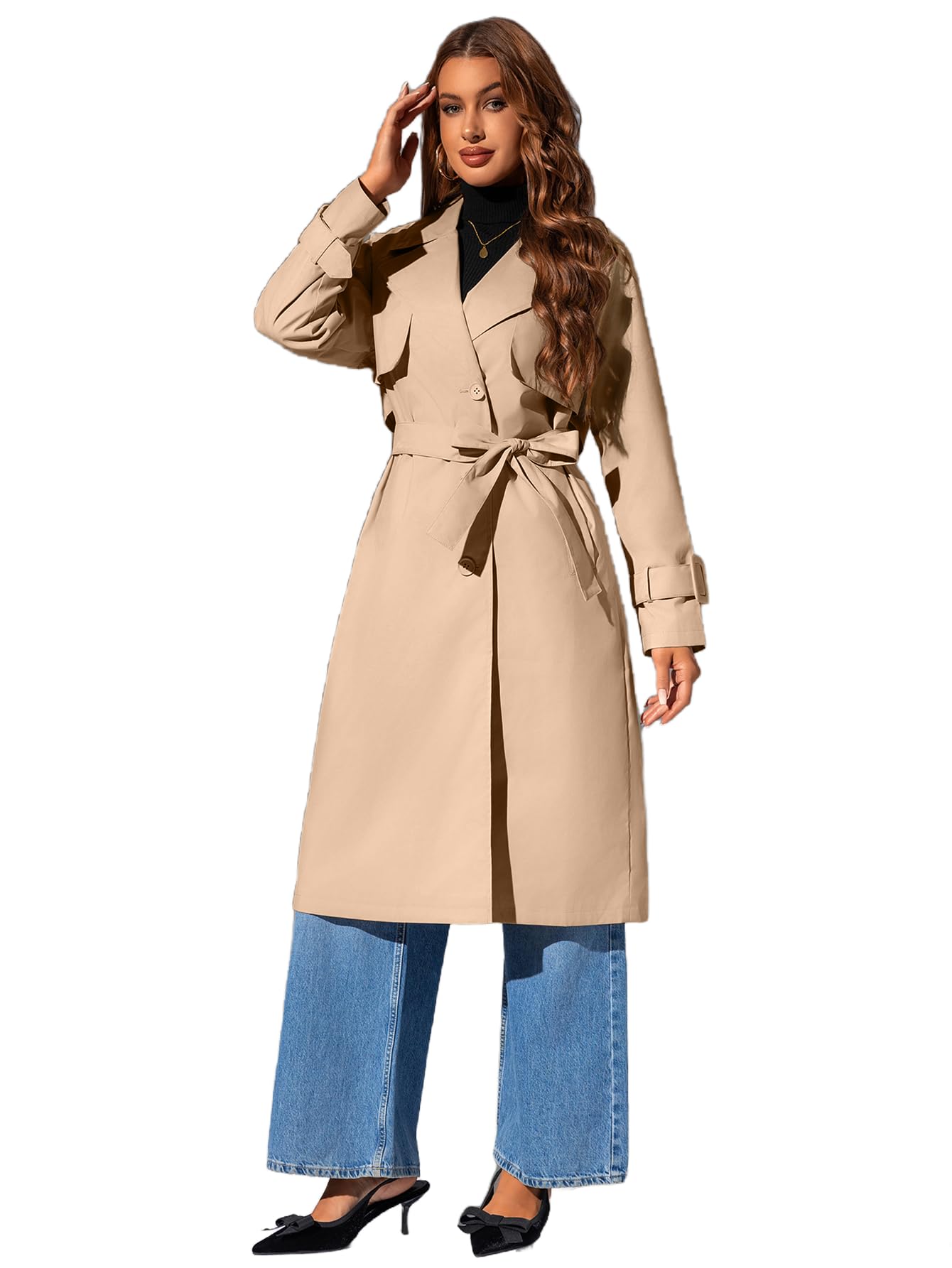 Bellivera Women's Classic Long Windproof Trench Coat With Belted Waist