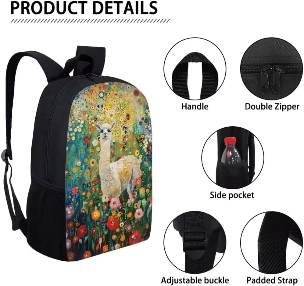 Beauty Collector Alpaca Backpack Girls Schoolbag Set Kids Backpacks Boys Lunch Box with Water Bottle Holder BookBag Lunchbag Pencil Bag 3PCS