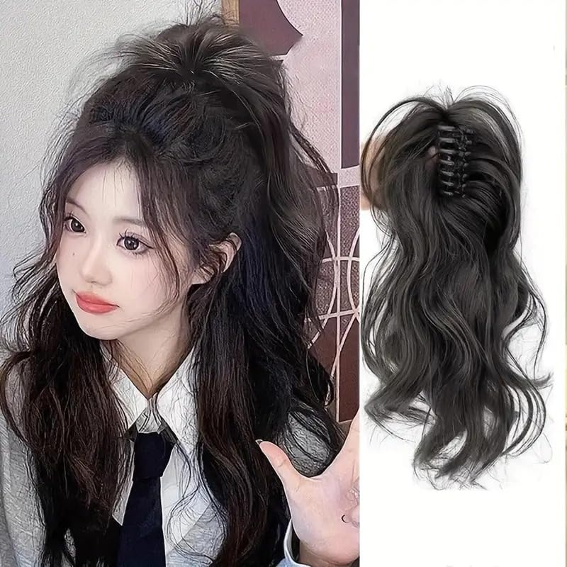 HAIR WALA™ Fountain High Ponytail Hair Extension with Shark Clip Waterfall Half-Up High Ponytail Curly Wavy Braids Large Claw Clip for Women Girls, 15 Inch Long - Blackj (Matte Finish)