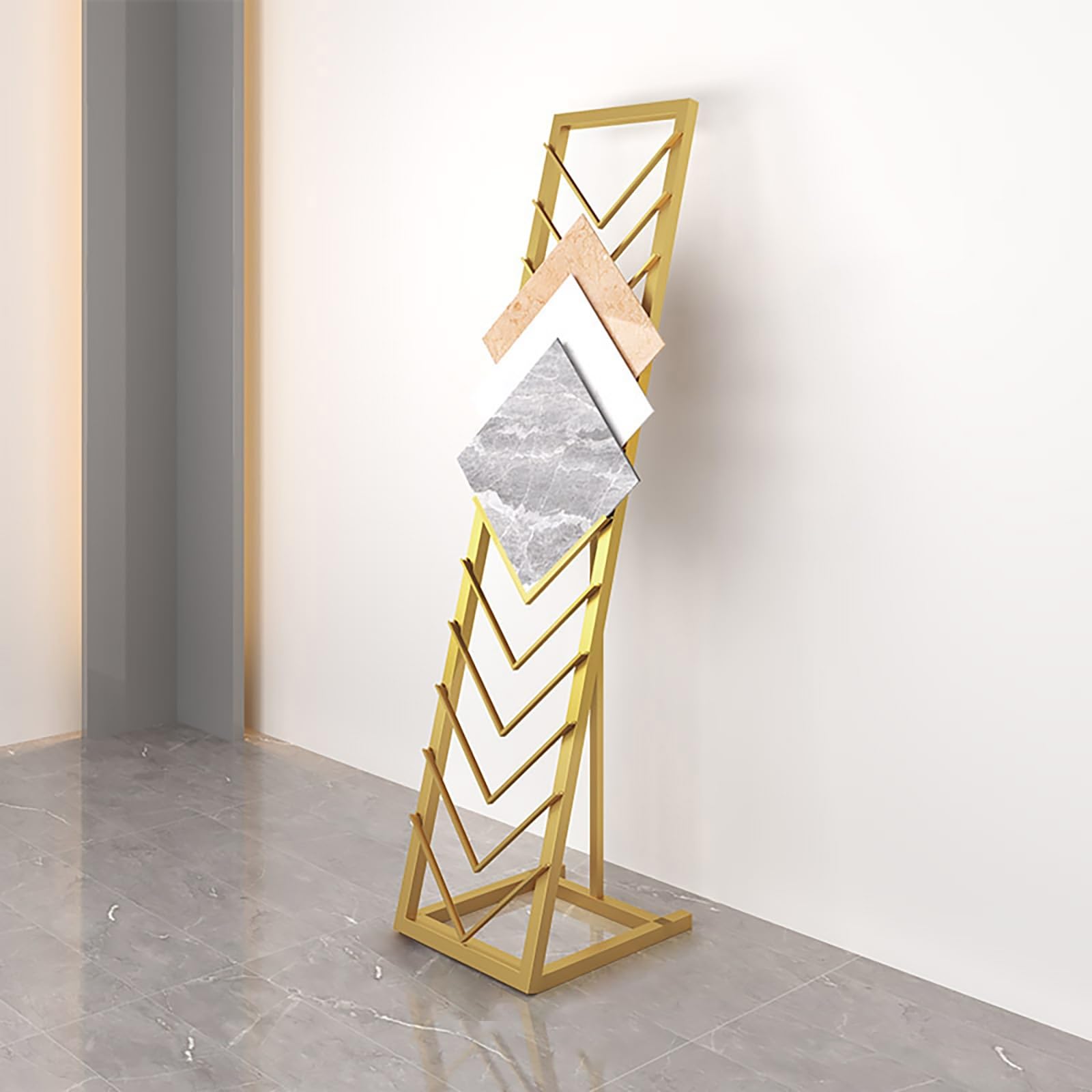 LLYLAFDC Metal Floor Standing Tile Display Holder, Floor-Standing Large Wooden Floor Sample Holder Small Marble Slab Display Stand(Gold,11.8 * 19.6in)