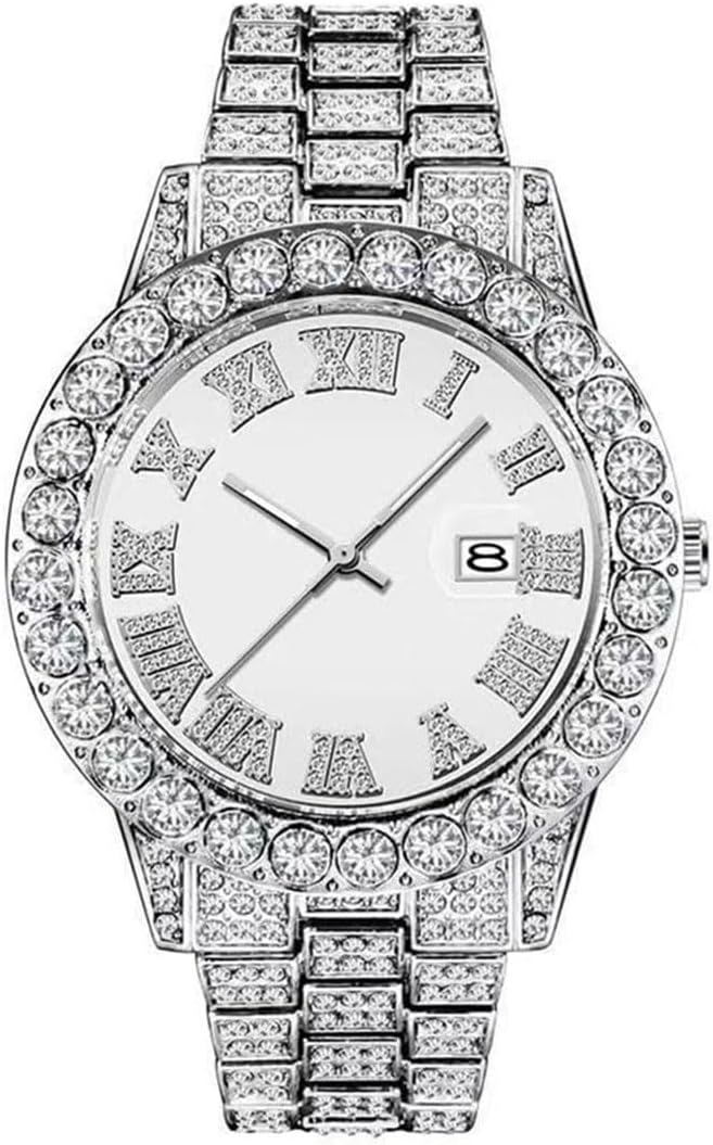 Men's Diamond Watch Fashion Crystal Rhinestone Quartz Analog Watch Iced-Out Bracelet Wrist Watch