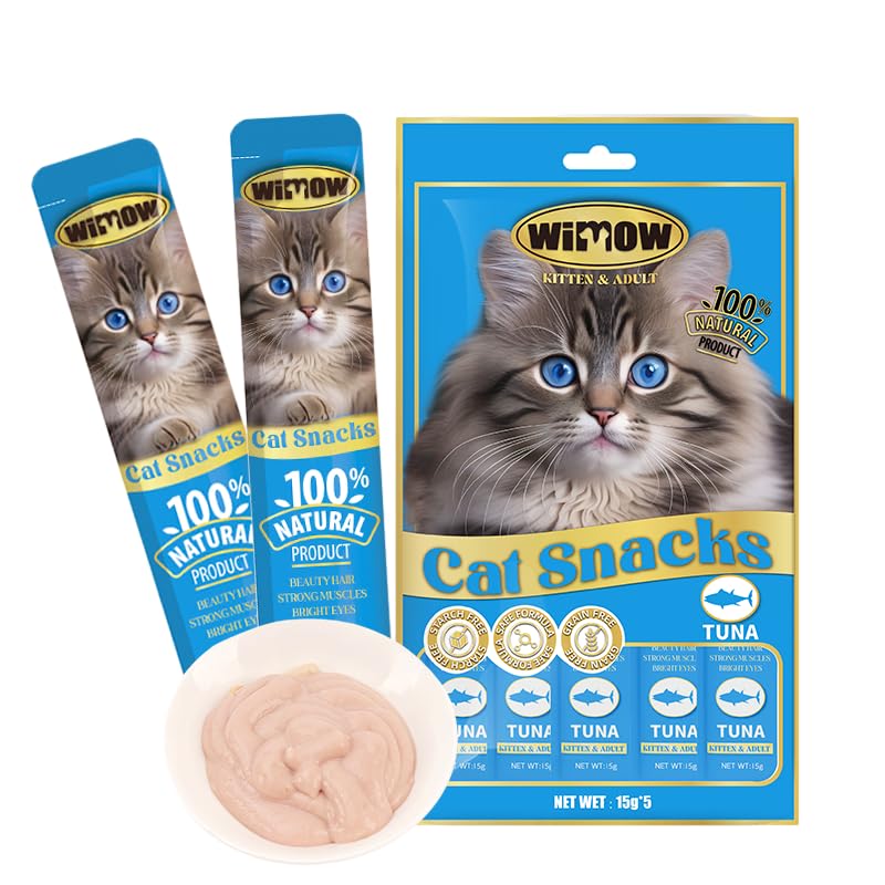 Wilmow Natural Tuna Cat Snacks, Creamy Lickable Treats for Kittens and Adult Cats, 5 Pack x 15g