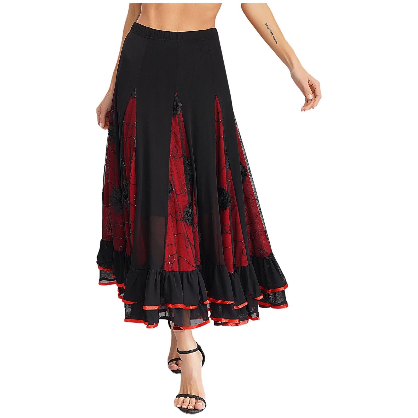 Falda Flamenca Mujer Faldas largas con Volantes y Lentejuelas for Mujer, Traje clásico for Flamenco, vals español, Baile de salón, Faldas largas con Flores y Lentejuelas.(Black)