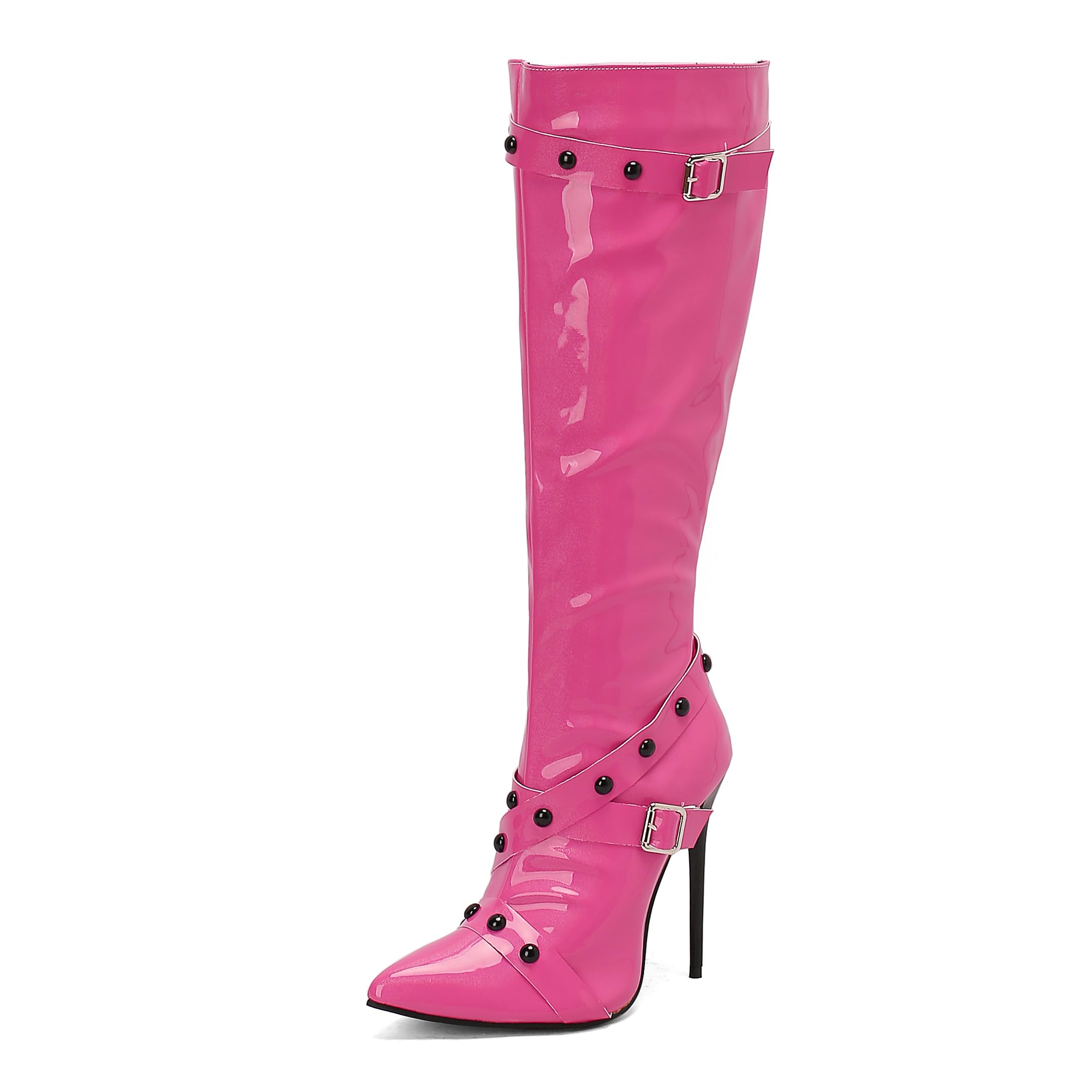 BEAUPAS Womens Knee High Stiletto Boots Tall Pointed Toe Boots Buckle High Heel Long Boots Fall Heeled Boots