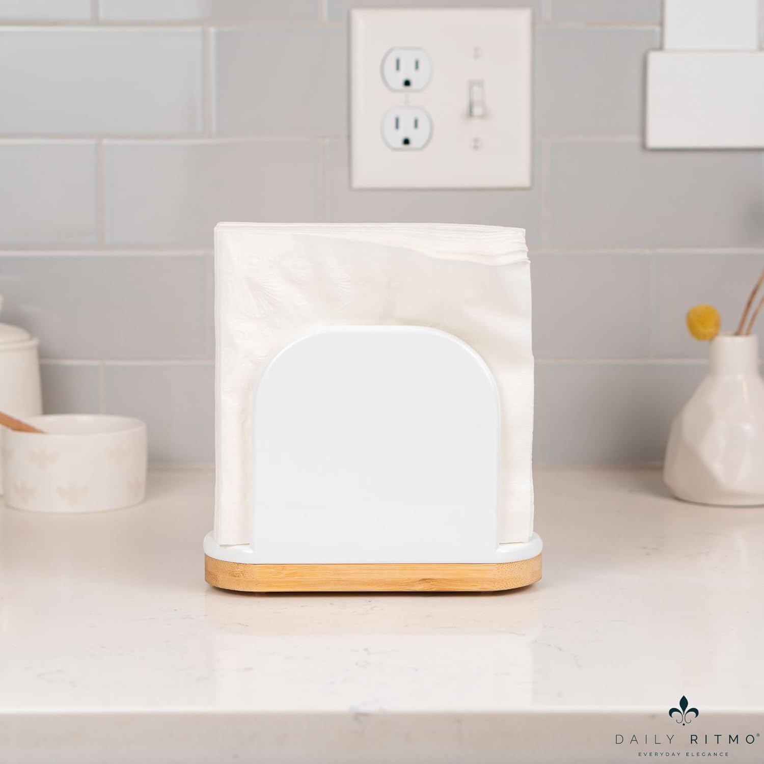 DAILY RITMO® White Standing Napkin Holder with Bamboo Bottom | Extended Weighted Base Vertical Design for Large Disposable Guest Towels & Paper Napkins | Modern Ceramic-Like Resin