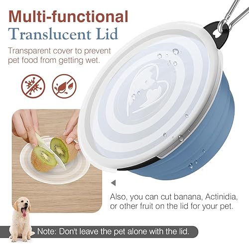 Miniatura 2 de Pawaboo Paquete de 2 cuencos plegables para perros, cuencos de silicona con tapas y mosquetones para perros y gatos, tazón portátil para alimentos