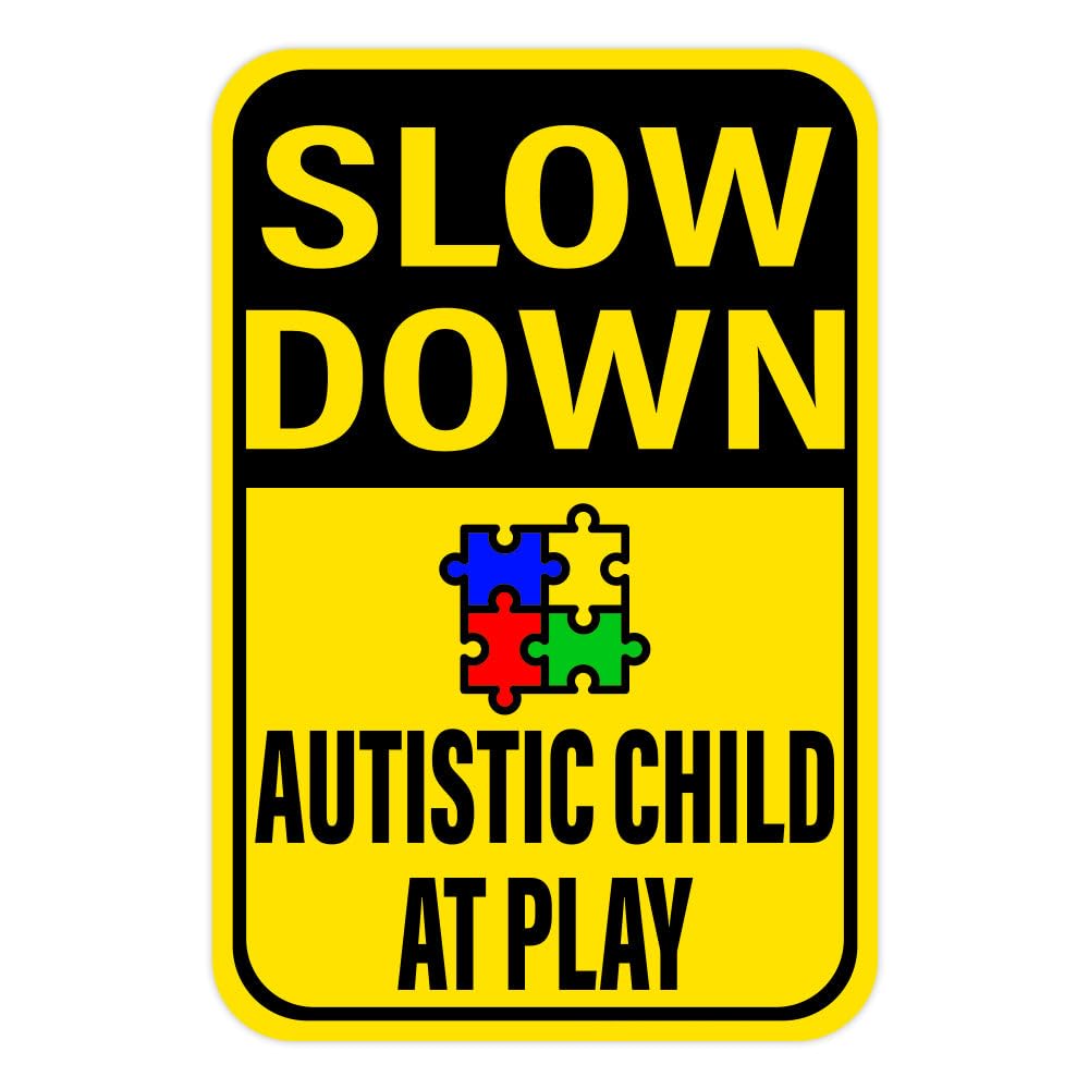 Tin sign vintage Slow Down! (Symbol) Autistic Child At Play Neighborhood Plaque Poster for Bar Pub Beer Home Garage Man Cave Wall Decor 12x8 Inch