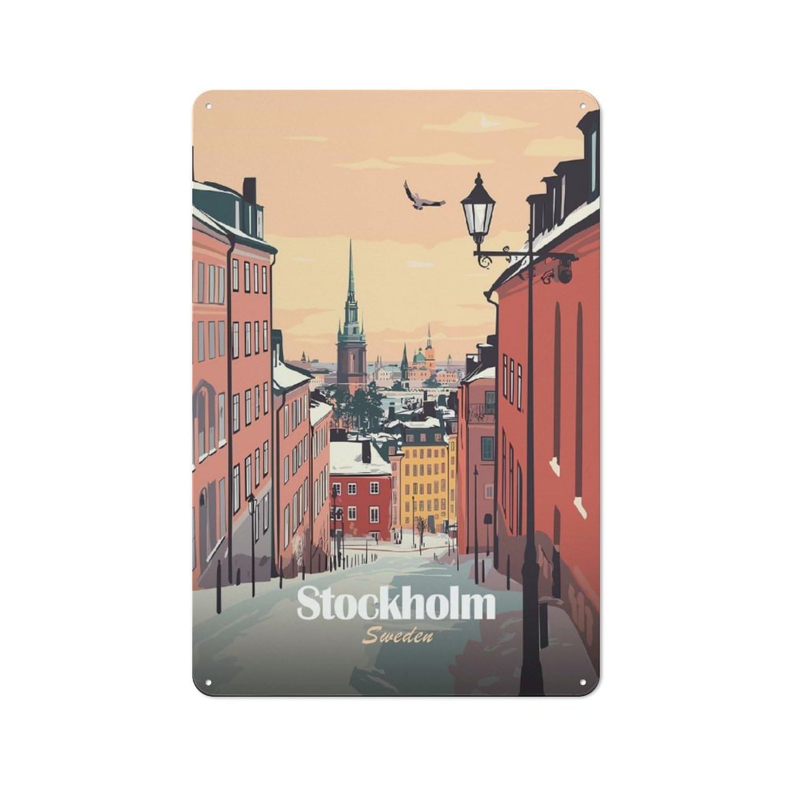 Junmoney Style-11 Garage Style Decorative Metal Plaque 30X20cm Featuring Stockholm, Sweden Cityscape Illustration, Garage Wall Decor For Garage, Workshop, Shed Or Utility Room