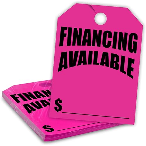 Versa-Tags Car Mirror Hang Tags - 8.5" x 11.5", Slogan-Financing Available, Pack of 50, Perfect for Auto Dealership Supplies & Car Lots Fluorescent Pink Color