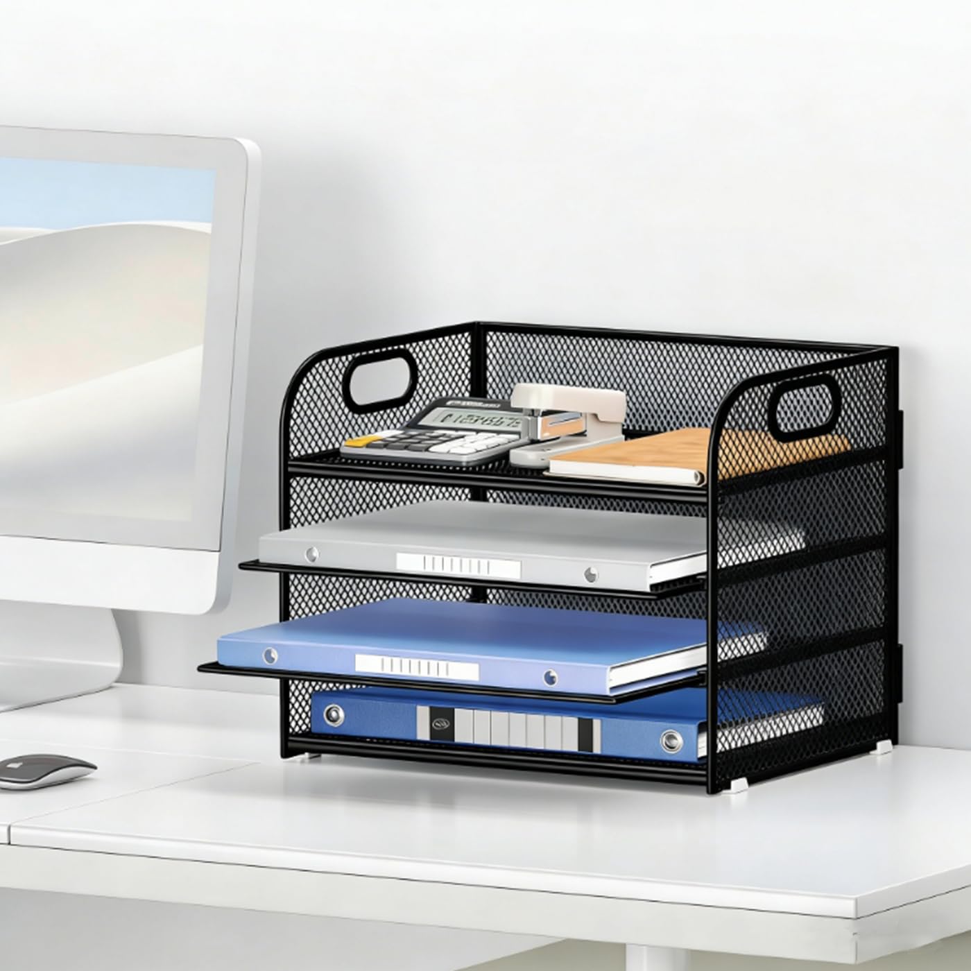 A4 Briefablage Dokumentenablage aus Metall, 4 Fächer Ablagefächer Stapelbar Papierablage, Mesh Design Ablagesystem Büro Ablage mit Griff, Schwarz, Kompakt, 32.8 x 24.7 x 27.6 cm