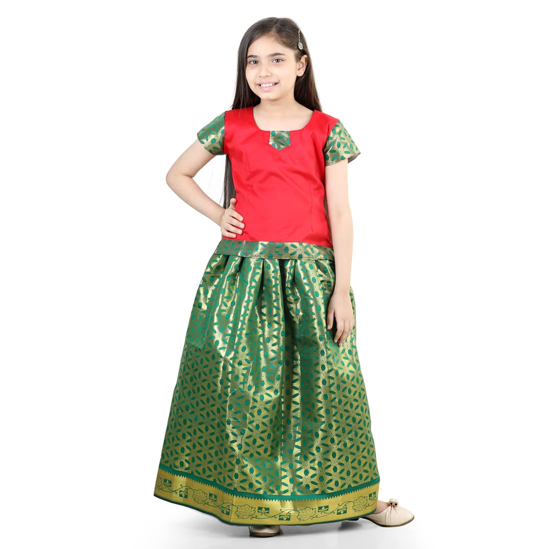 Kids Half Sleeve South Indian Traditional Pavda Pattu Lehenga Choli Pooja Special Baby Girls Ethnic Party Wear