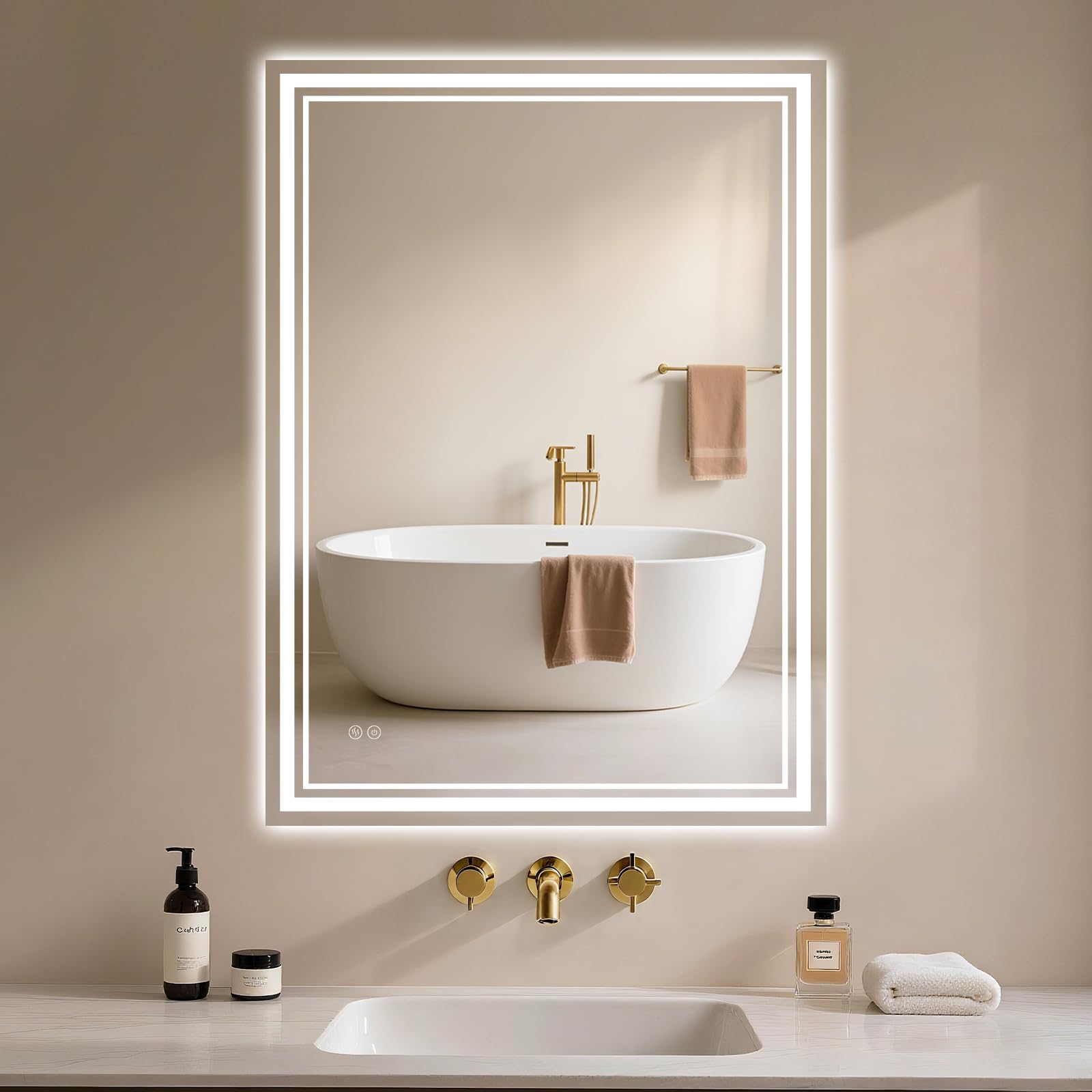 Badspiegel-mit-Beleuchtung 80x60cm - Badezimmerspiegel LED Badezimmer Spiegel mit Beleuchtung Beschlagfrei, Touch-Schalter, Dimmbar, 3 Lichtfarben, Wandspiegel Led-Spiegel-Bad Horizontal/Vertikal