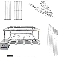 Kit Churrasqueira Gira Grill Inox 5 Espetos com Motor na Frente e 2 Grelhas Auxiliares, 1 Espeto grelha giratória e 1 Espeto Espada