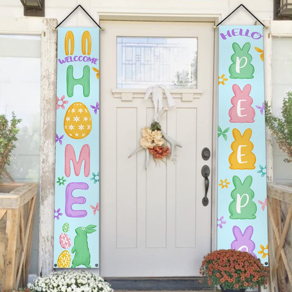 Mateju Pasen veranda decor, een paar/2 stuks paasdeur banner Happy Easter Hallo lente konijn hangende banners deurdecoraties voor paasfeest binnen buiten decor (30 x 180 cm, lente
