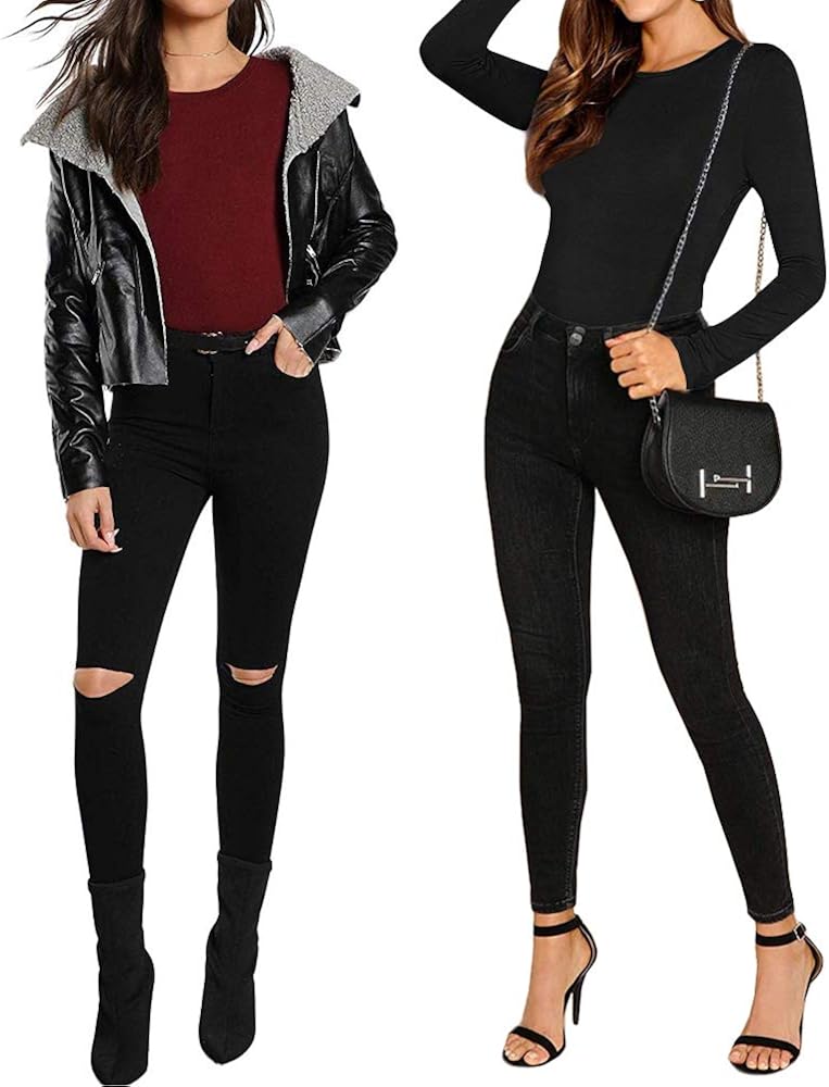 MANGOPOP Women's Crew Neck Short Sleeve Long Sleeve T Shirts Bodysuit Jumpsuit : Clothing, Shoes & Jewelry