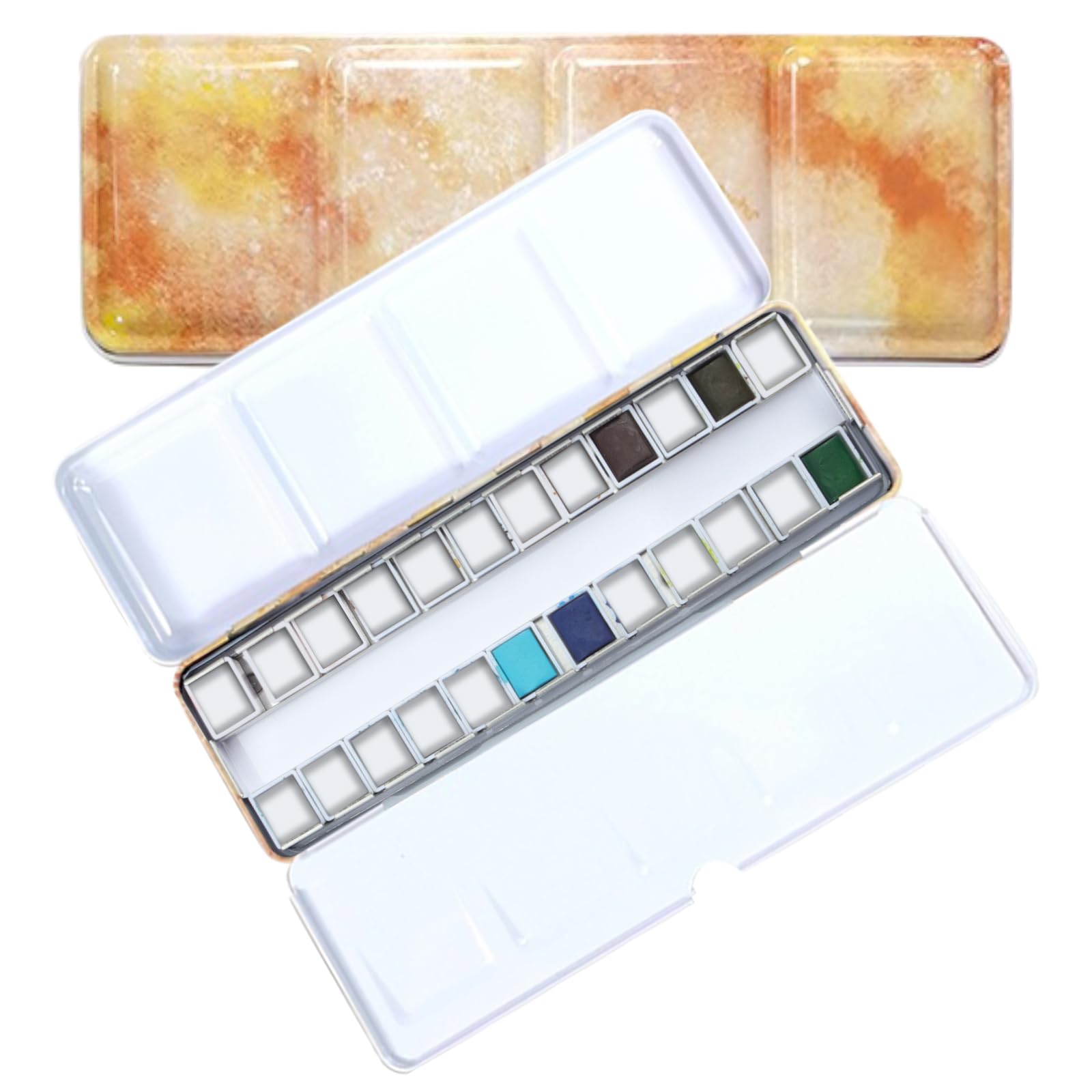 Empty Watercolour Tin Paint Case with 24 Pcs Half Pans, Portable Color Palette - Adult Student Artist (Iridescent Yellow)