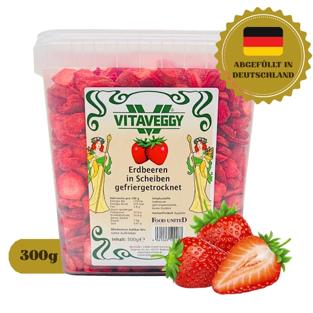 VITAVEGGY gefriergetrocknete Erdbeeren in Scheiben 6x300g gefriergetrocknete Früchte im wiederverschließbaren Eimer, Abfüllung in Deutschland,100% Frucht, für Smoothies, Müslis und Bowls