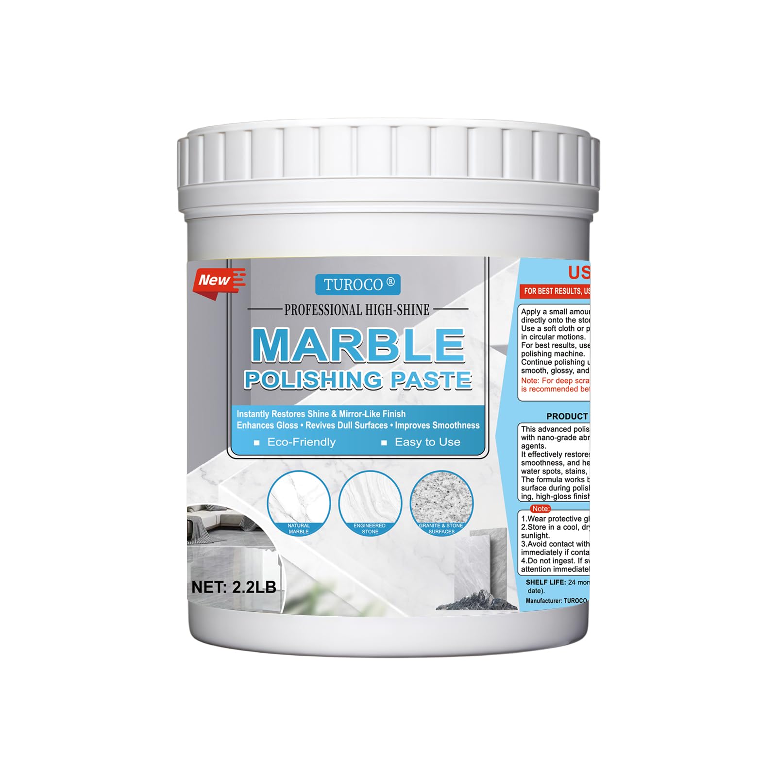 Marble Polish & Shine Restorer for Countertops, Granite & Quartz Cleaner, Stone Polishing Paste for Natural & Engineered Surfaces, Restore Gloss & Smooth Finish, Stone Care 2.2LB