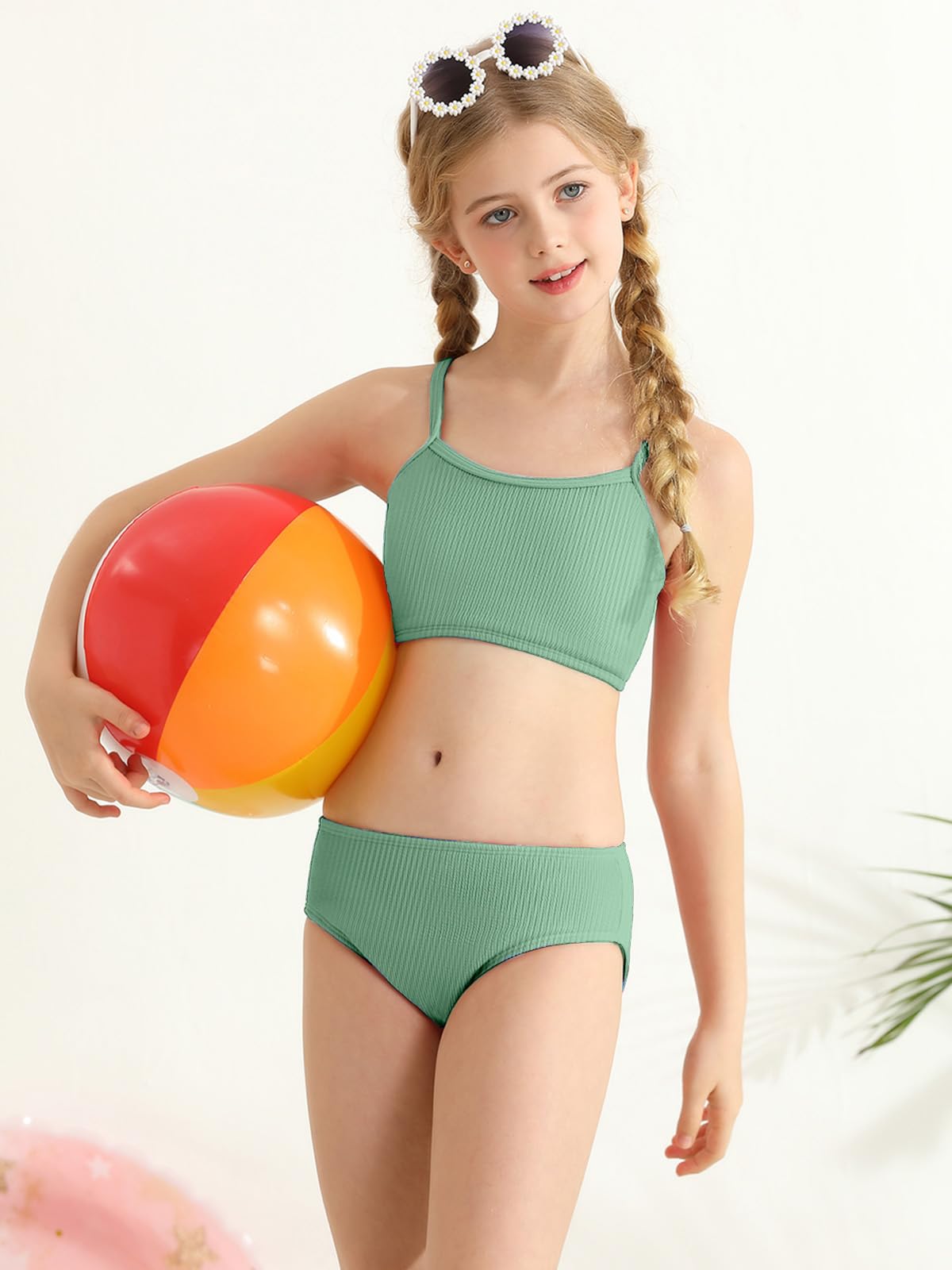 Girl's 2 Piece Swimsuit Solid Spaghetti Strap Bikini Sets Beach Bathing Suit Swimwear for Teen Kids