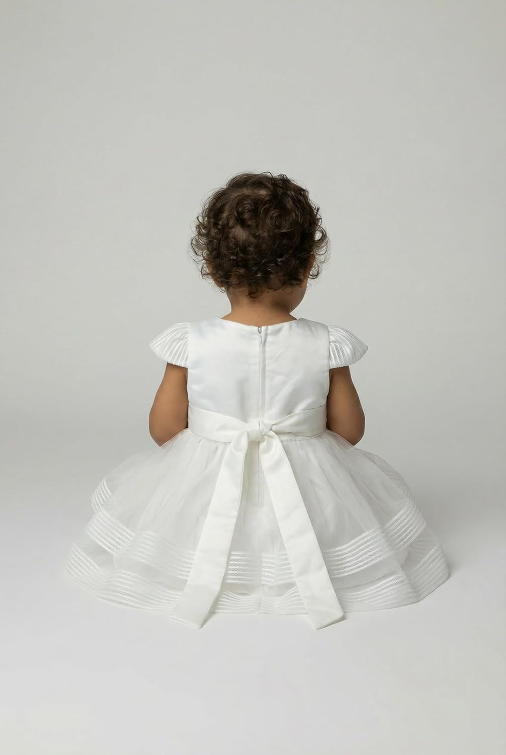 Baby Girl Tulle Dress Satin Bow Waist V-Neck Ivory Baptism Gown 0-24 Months
