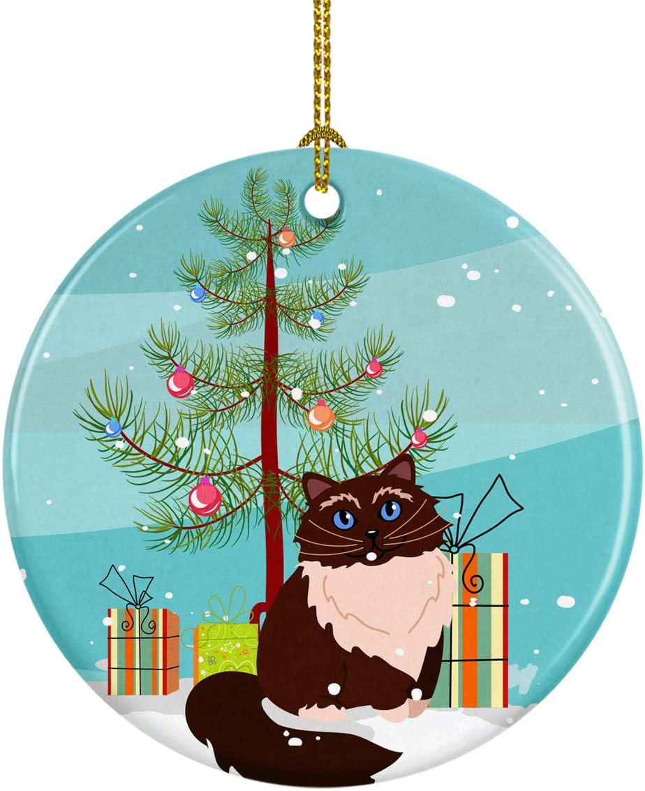Caroline's Treasures Persian Cat Merry Christmas Tree Ceramic Ornament Christmas Tree Hanging Decorations for Home Christmas Holiday, Party, Gift, 3 in, Multicolor | Persian Cat Merry Christmas Tree artwork on a durable round ceramic ornament with hanging ribbon