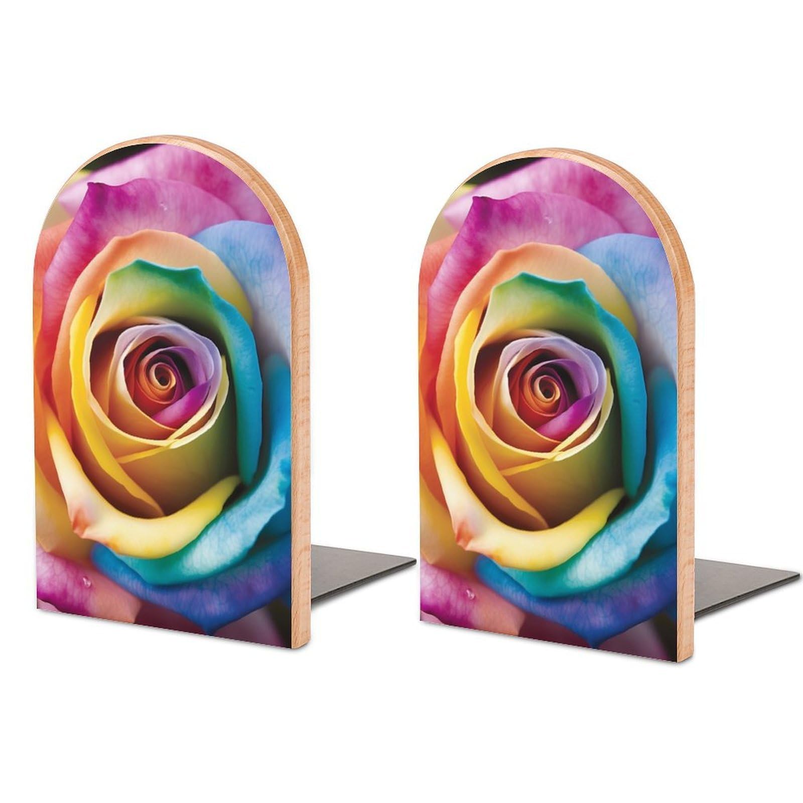 Beech Wood Book Ends Rainbow Rose Flower Printed Bookend for Shelves Home Decorative Bookends for Heavy Books for Office Bookshelves