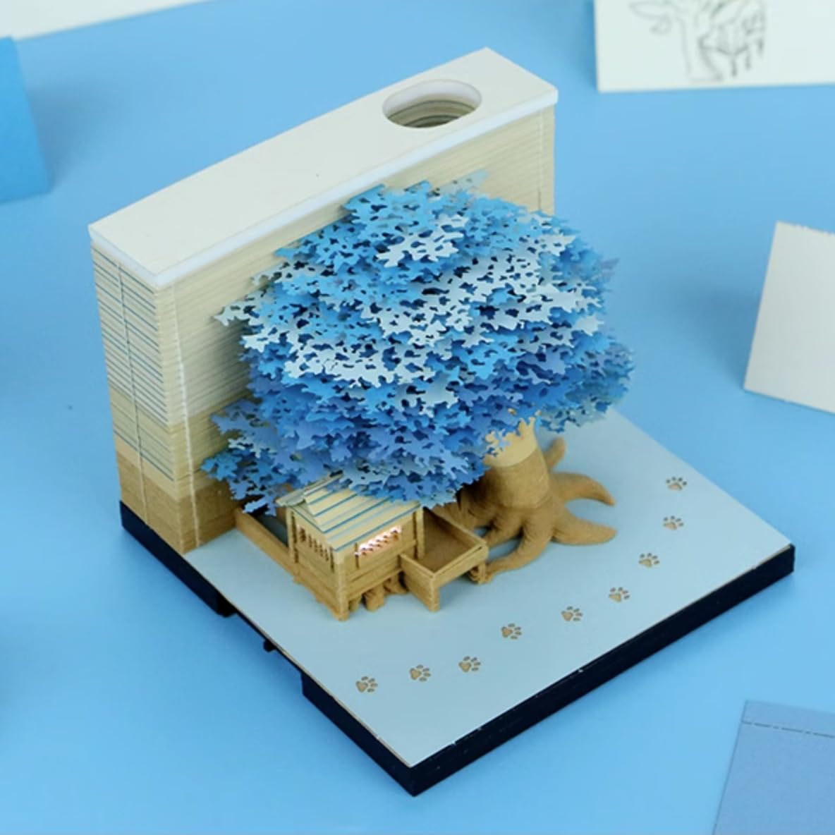 Bloc de notas 3D no pegado, diseño de casa del árbol 3D (azul) con caja de visualización transparente, 9 x 9 x 6 cm, 260 hojas, decoración de mesa